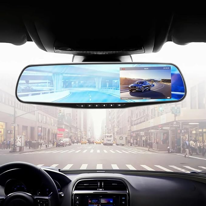 Espejo Retrovisor con Cámara Frontal y Cámara de Reversa – Grabación en Alta Definición para Auto
