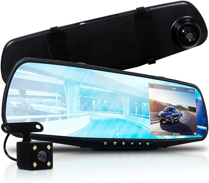 Espejo Retrovisor con Cámara Frontal y Cámara de Reversa para auto con grabación en alta definición